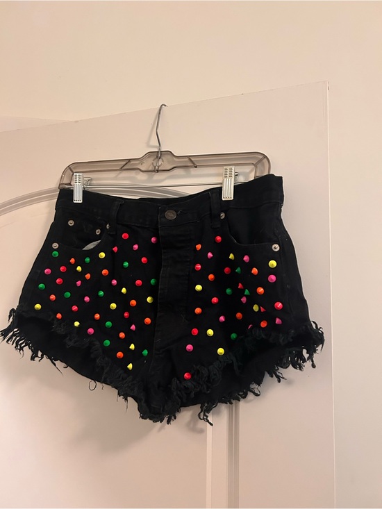 Dolls Kill Pants - Dolls Kill Black High-Rise Denim Shorts with Neon Studs